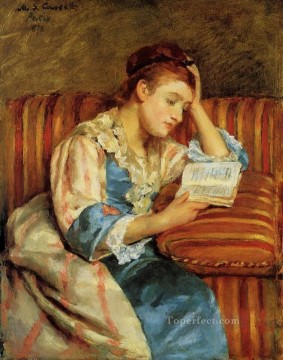 Mary Cassatt Painting - Mrs Duffee Seated on a Striped Sofa Reading mothers children Mary Cassatt